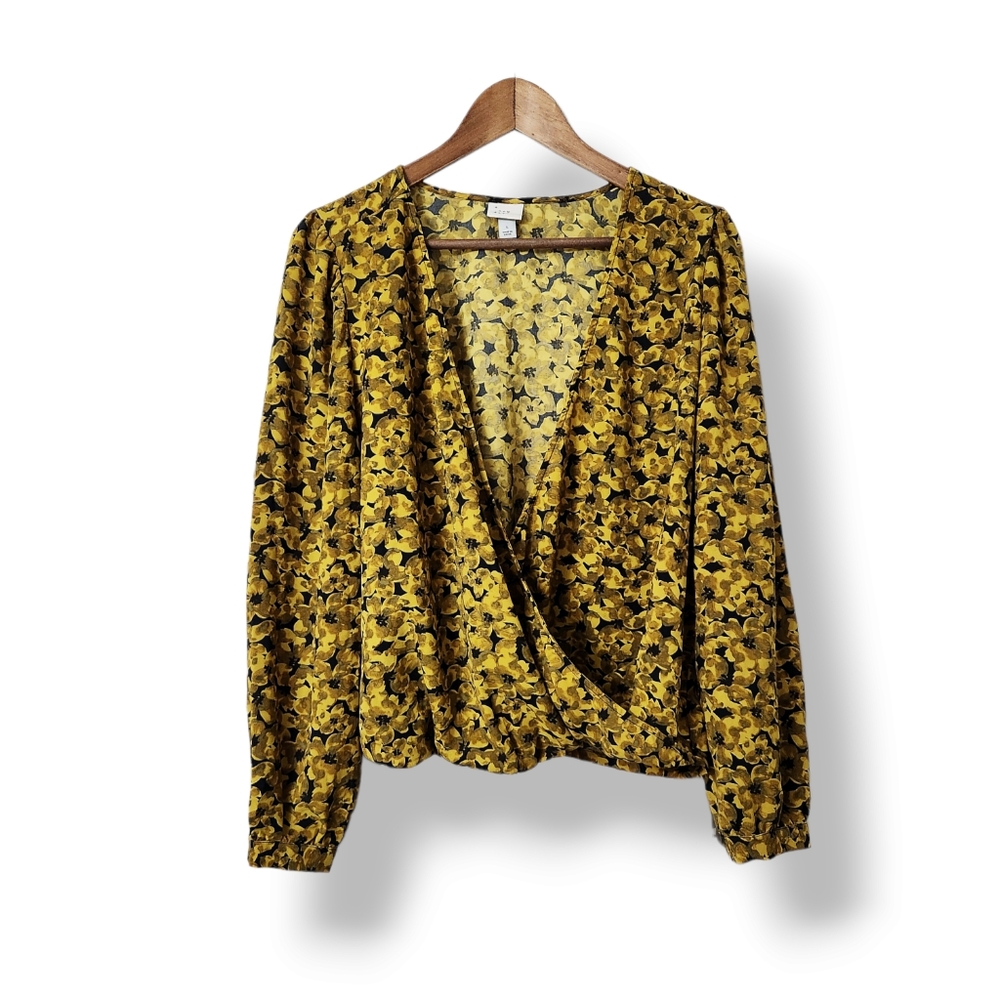 Floral V-Neck Long Puff Sleeve Surplice Wrap Blouse | A New Day | Large